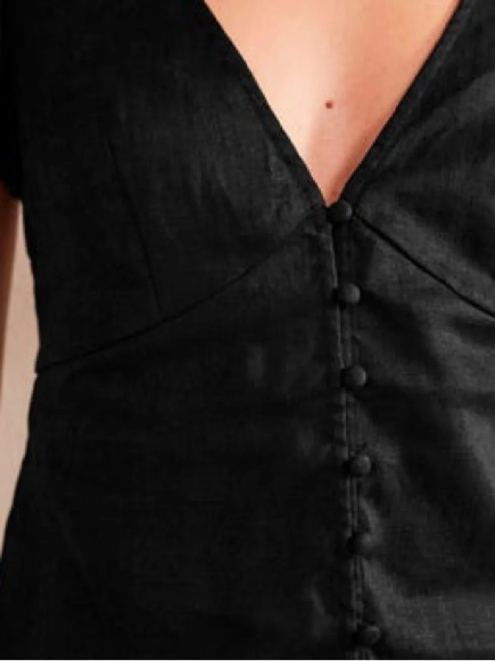 Boden Black Linen Puff Sleeve V-Neck Button Front Blouse Size US 10